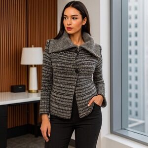 Etro Milano Sweater 48 Wool Alpaca Cashmere Blend Italy Black Gray Stripe‎ Knit